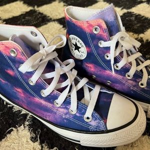 High top converse blue, purple, and pink sky size 8